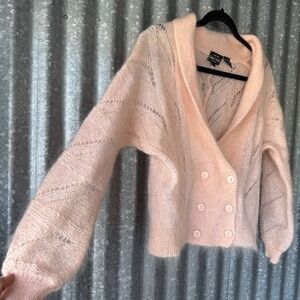 Vintage Jeanne Pierre Mohair Blend Pointelle Cardigan Peach Petites P Shawl Neck